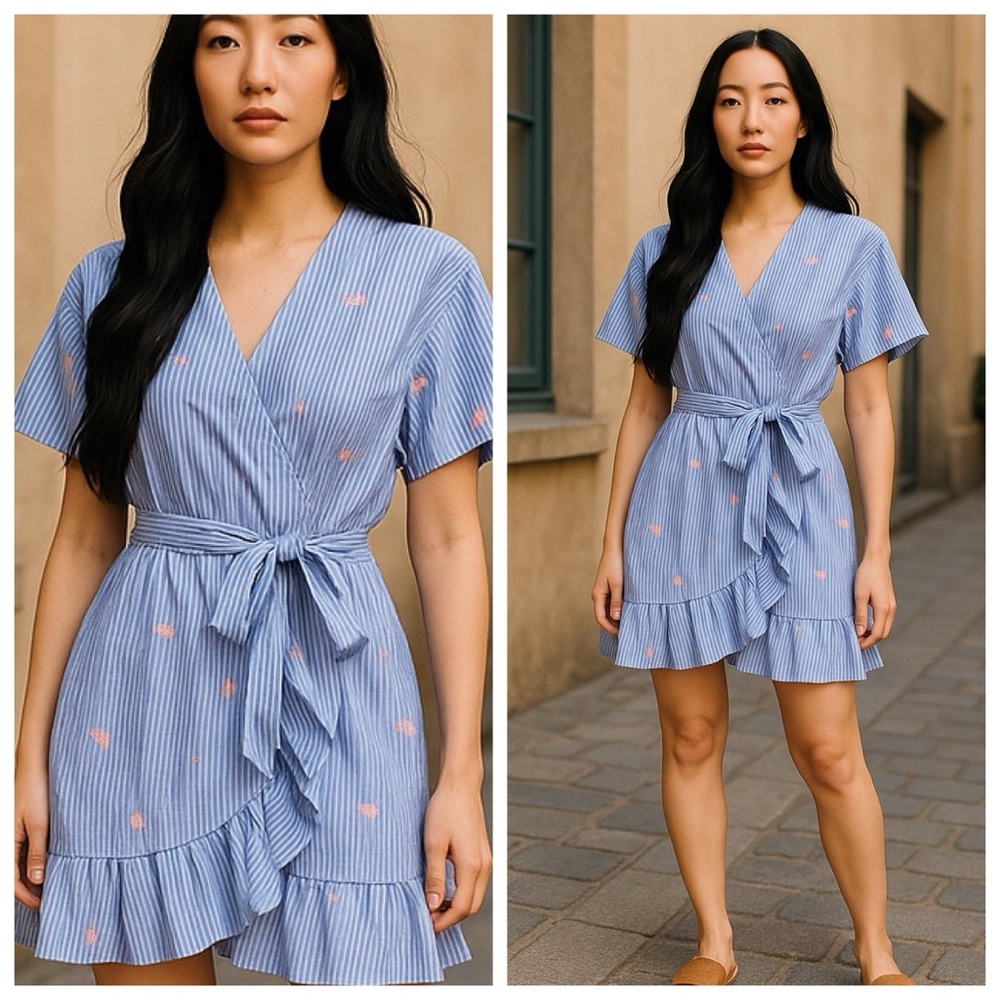 ROMEO & JULIET COUTURE Blue & White Striped Wrap Dress With Flamingos, Small
